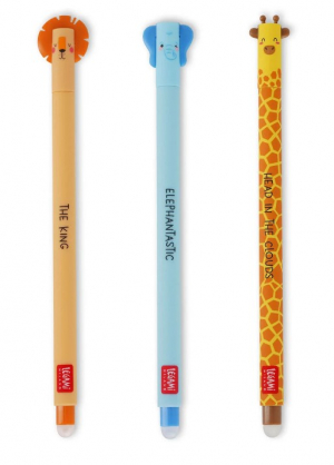 Set Of 3 Erasable Gel Pens - Wild Savannah - Lion + Elephant + Giraffe